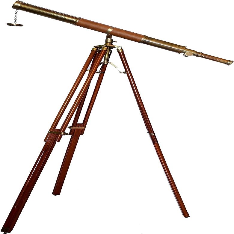 Antique Telescope Vintage Brass Brown Leather Single Barrel Spyglass Nautical Floor Standing Adjustable Wooden Tripod Stand