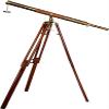 Antique Telescope Vintage Brass Brown Leather Single Barrel Spyglass Nautical Floor Standing Adjustable Wooden Tripod Stand view 1