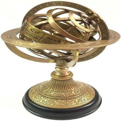 8" Nautical Brass Engraved Armillary Sphere Globe on Wooden Base Decorative Handmade by TSSI HANDICRAFT.