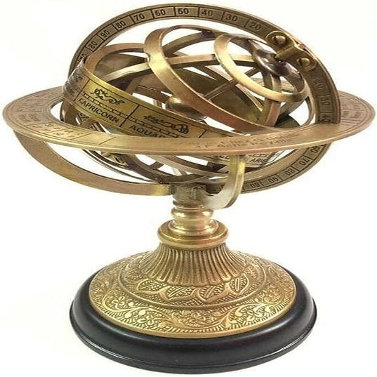 8" Nautical Brass Engraved Armillary Sphere Globe on Wooden Base Decorative Handmade by TSSI HANDICRAFT.