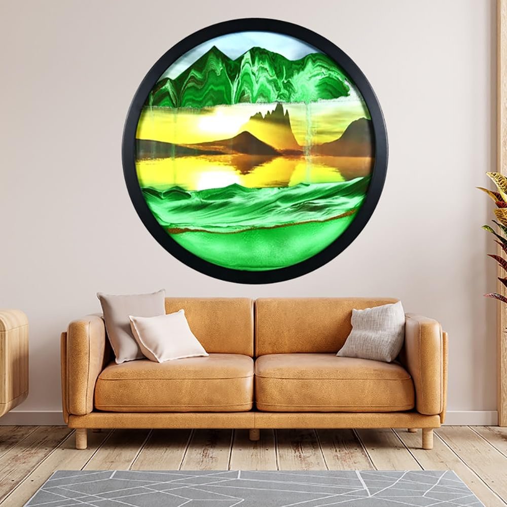 3D Dynamic Sand Art Liquid Motion, Round Glass,Moving Sand Art Picture Sandscapes In Motion Round Glass 3D Deep Sea Sandscape In Motion Display Flowing Sand Frame Relaxing Desktop Home Office ( Color