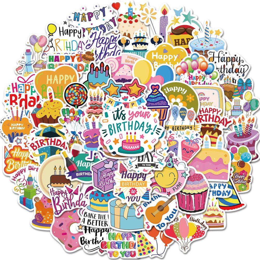 100Pcs Happy Birthday Stickers Pack - Waterproof Vinyl Birthday Party Stickers for Water Bottles, Laptops, Scrapbooking - Colorful Aesthetic Bday Party Decals, DIY Gift Wrapping & Decoration Supplies