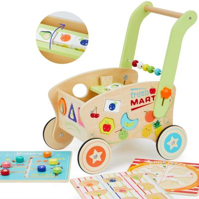 Wooden Baby Walker, Baby Push Walker for 1-3, Toddler Shopping Cart for Girl and Boy Shape Sorting Grocery Cart Push & Pull Toy Adjustable Height Kids Learning Walker Montessori Toys
