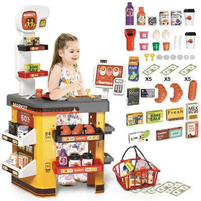 deAO Supermarket Playset for Kids with Working Scanner Register Toy Pretend Play,Kid Grocery Store Playset 54PCS Play Food Accessories,Christams Birthday Gift for 3 4 5 Kids Boys Girls