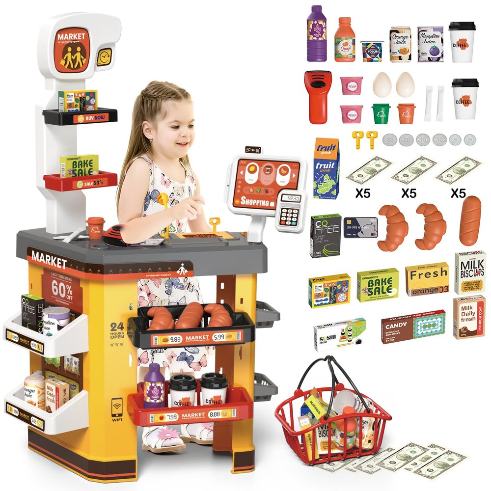 deAO Supermarket Playset for Kids with Working Scanner Register Toy Pretend Play,Kid Grocery Store Playset 54PCS Play Food Accessories,Christams Birthday Gift for 3 4 5 Kids Boys Girls