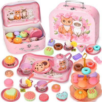 Lajeje Cat Tea Party Set for Toddlers & Little Girls Ages 3-6  Pretend Play Toy & Birthday Gift, Includes Kitten Tin Tea Set, Desserts & Carrying Case
