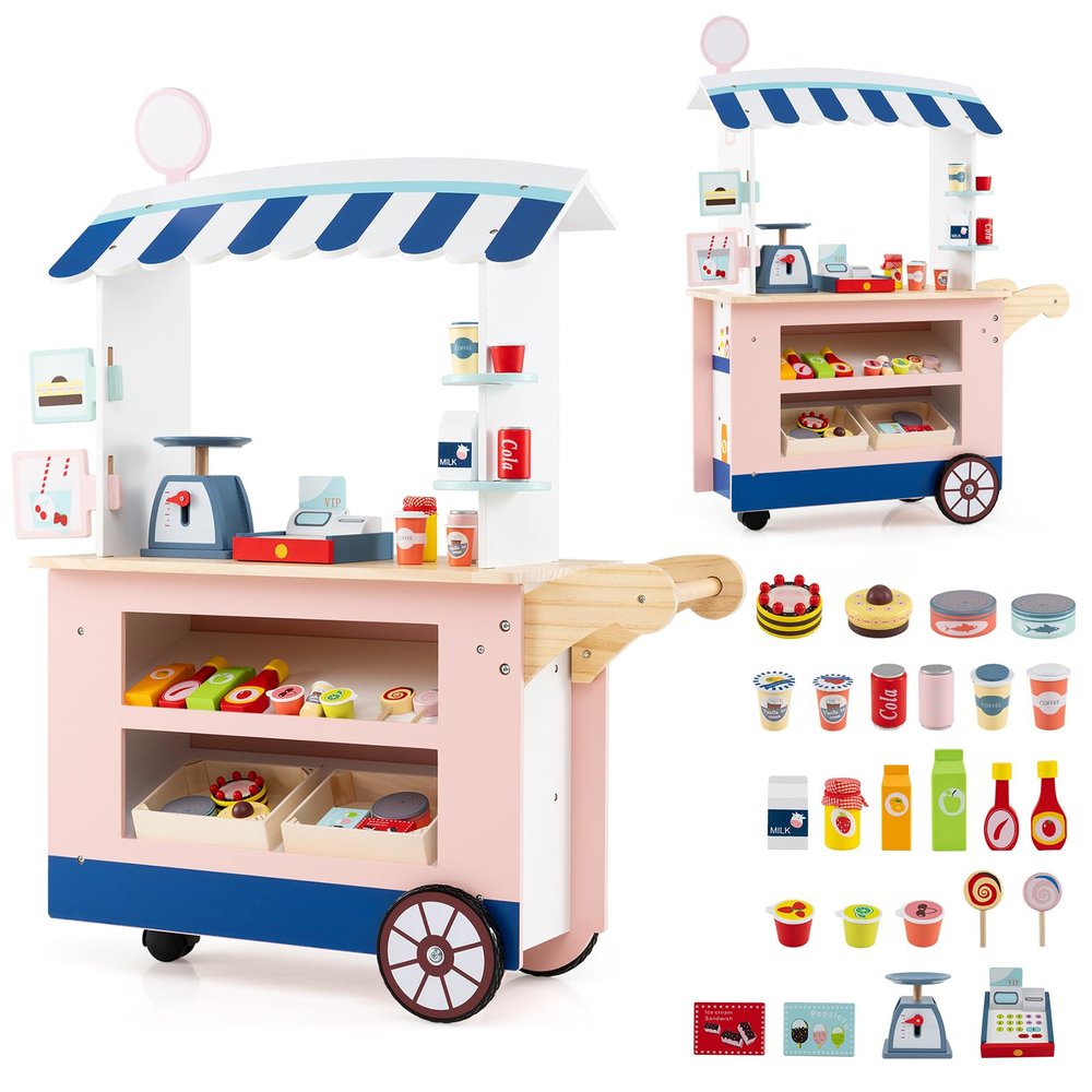 Costzon Kids Grocery Store Playset, Toddler Pretend Market Stand Shop Play Set w/ 30PCS Play Toy, Beverage Rack, Cash Register, Scale, Large Wheels, Wooden Food Cart, Gift for Boys Girls 3+ (Pink)