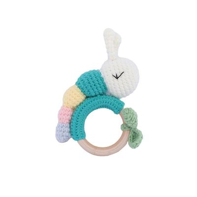 Baby knitting rattles, caterpillar rattles wooden ring sounding hand rattles toys baby soothing doll handmade crochet (blue)