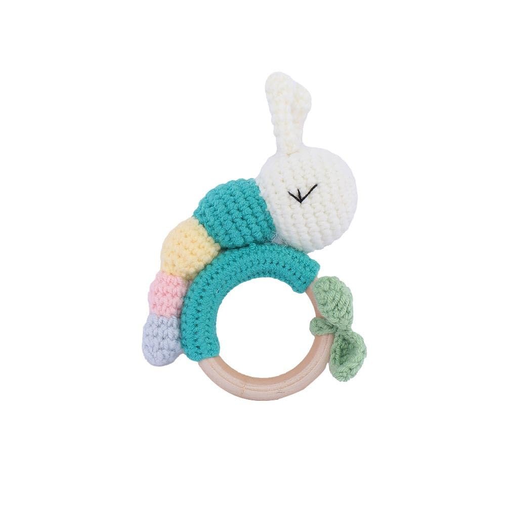 Baby knitting rattles, caterpillar rattles wooden ring sounding hand rattles toys baby soothing doll handmade crochet (blue)