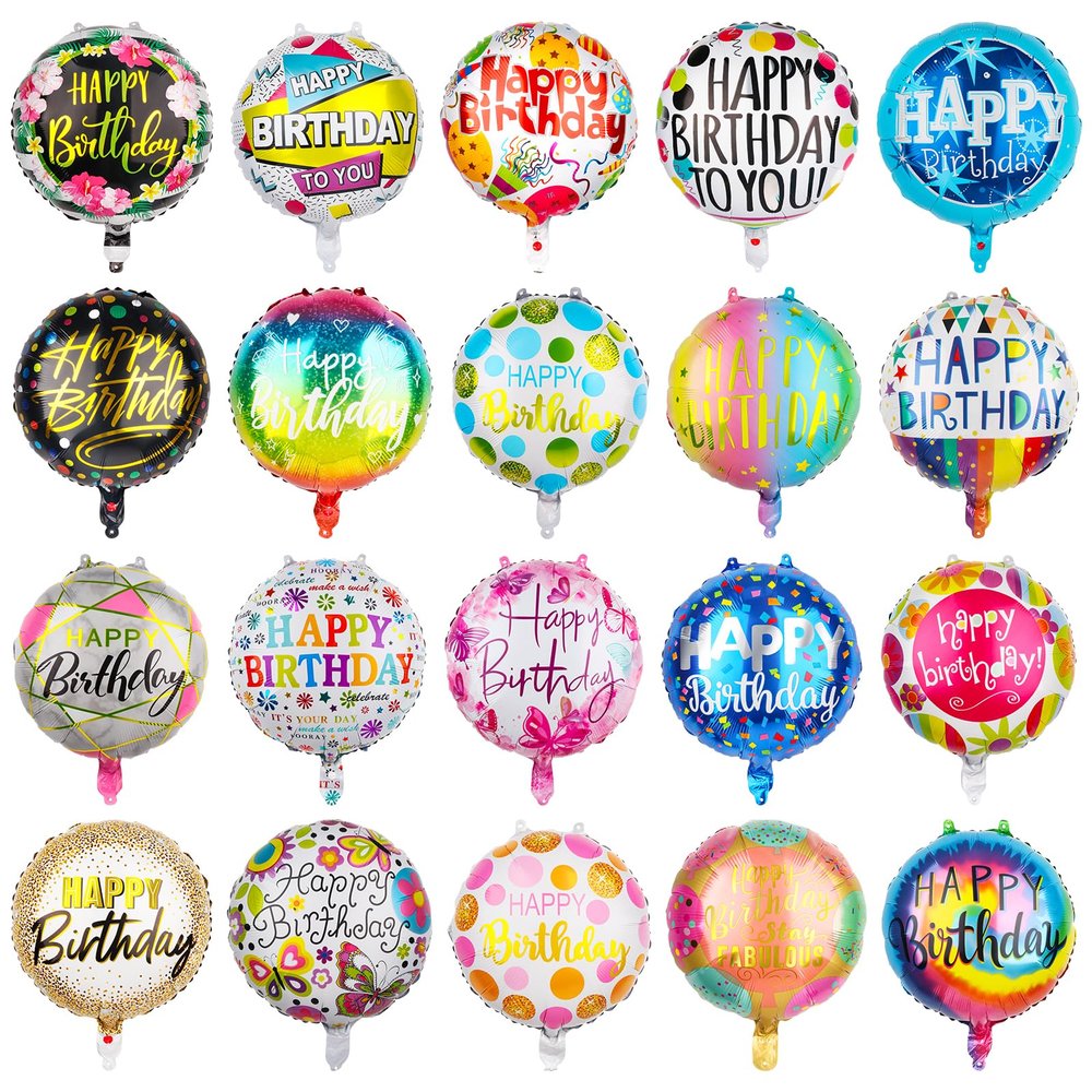 100 Pcs Happy Birthday Aluminum Foil Balloons for Birthday Party Decoration Supplies, 18 Inches Round Helium Floating Mylar Balloon (20 Patterns)