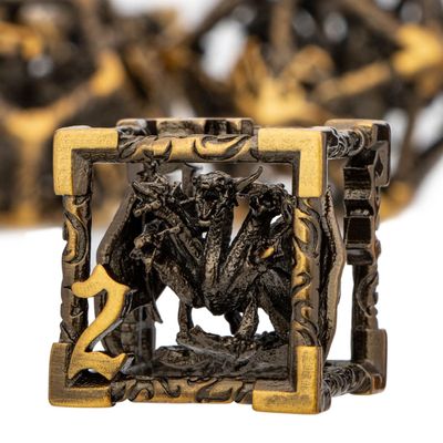 ARUOHHA Hollow DND Dice Set Antique Gold 5-Headed Dragons D and D Dice with Gift Box, Role Playing Games 7PCS RPG Metal Dungeons Polyhedral Dice D20 D12 D10 D8 D6 D4
