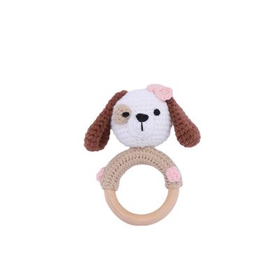 Handmade knitted baby rattle, animal rattle wooden ring sounding hand toy baby soothing dolls (dog)