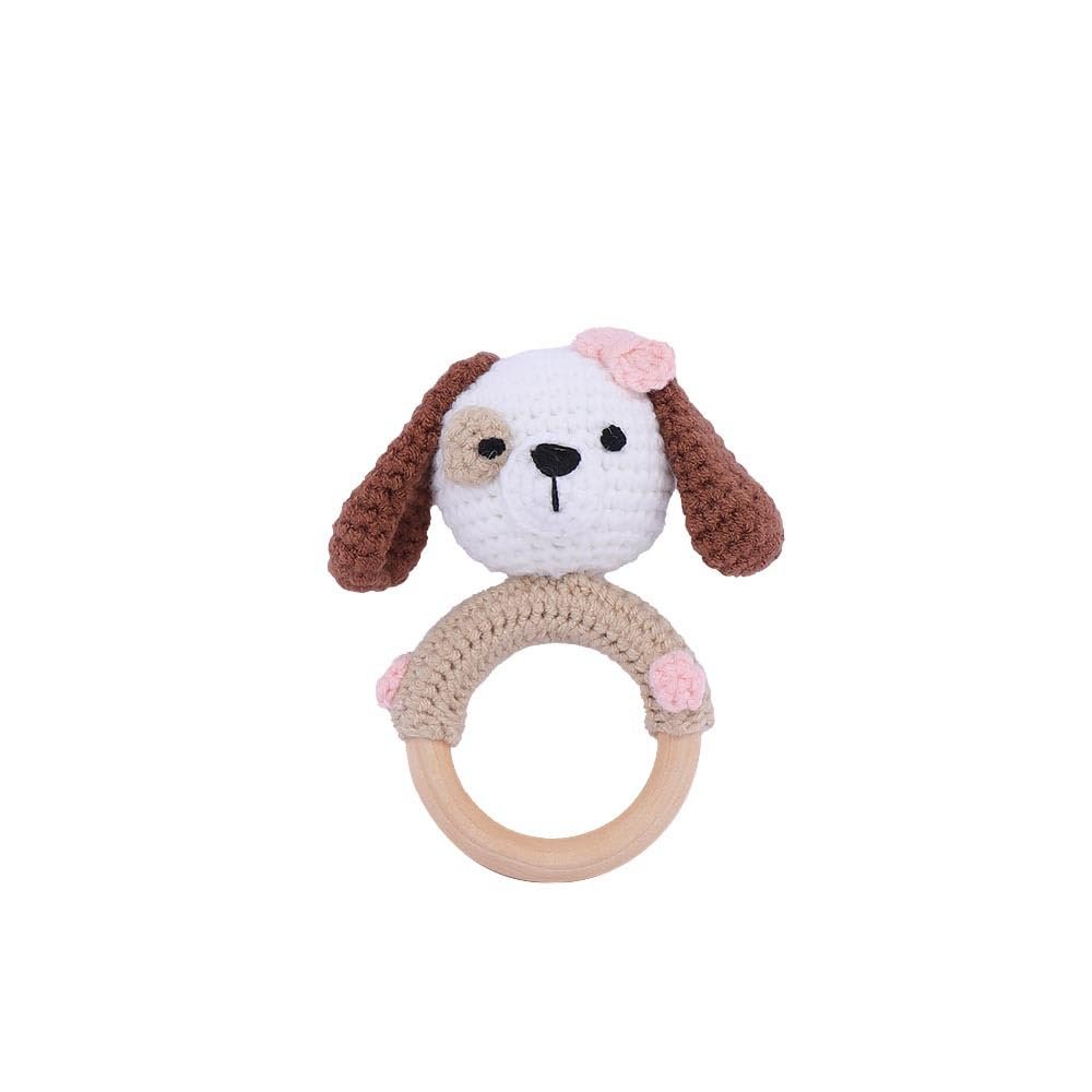Handmade knitted baby rattle, animal rattle wooden ring sounding hand toy baby soothing dolls (dog)