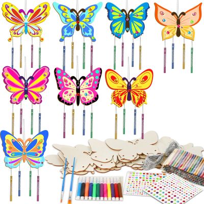 16 Pack Butterfly Wind Chime Kits Butterfly Crafts for Kids Make Your Own Butterflies Wind Chime Wooden DIY Arts and Crafts for Spring Summer Party School Classroom Decorations Supplies Birthday Favor