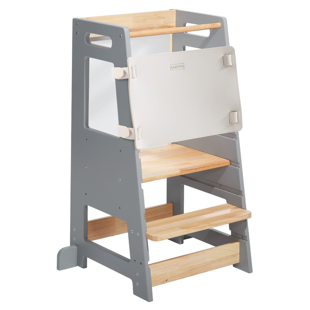 HARPPA Nordo Toddler Kitchen Learning Helper with Adjustable Height and Anti-Slip Protection, Kids Standing Tower with Safety Rail, Wooden Kids Tower with Learning Chalkboard, Gray