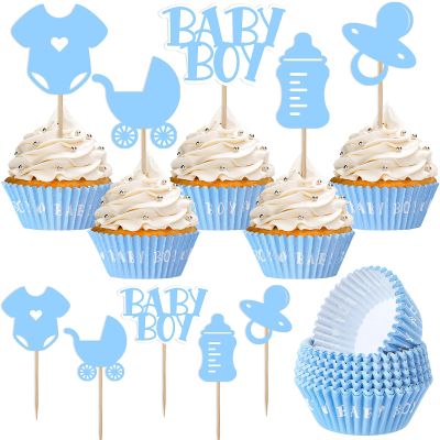 Suttmin 100 Pcs Baby Boy Cupcake Toppers Baby Shower Cupcake Decorations with 150 Pcs Blue Cake Liners Wrappers for Gender Reveal Boys First Birthday Party Supplies Favors