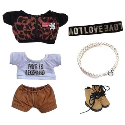 niannyyhouse 15cm Plush Doll Clothes Cool Leopard Print Suit Loose Coat T-Shirt Pants Headwear Collar Shoes Soft Stuffed Plush Toy Dress Up (Brown+Black, 15cm)