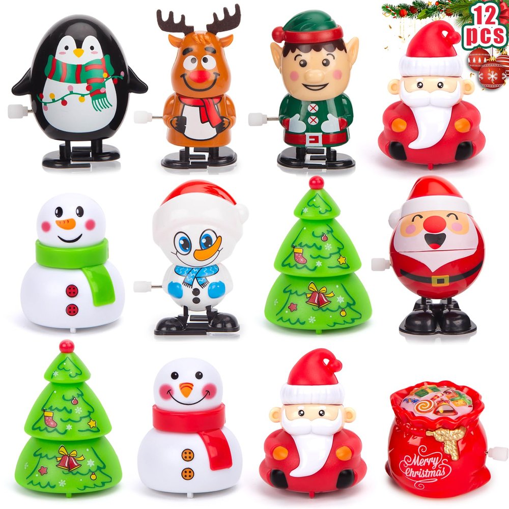 AMOR PRESENT 12PCS Christmas Wind Up Stocking Stuffers, Christmas Wind Up Toys Set Pull Back Cars Jumping Walking Toys for Goodie Bag Fillers Party Favors