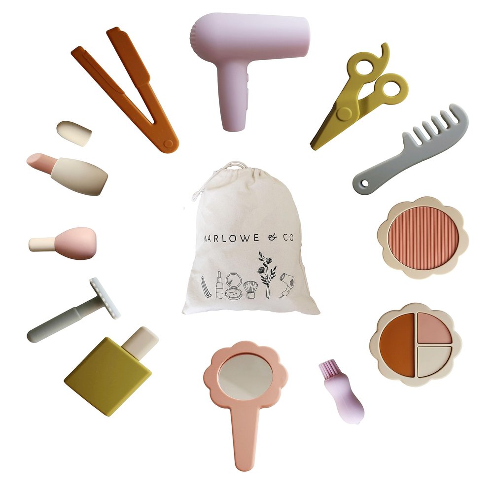 Marlowe & Co Silicone Hair Salon and Makeup Kit for Toddlers and Children, 12 Piece Mess Free Pretend Play Beauty Set for Girls with Storage Bag