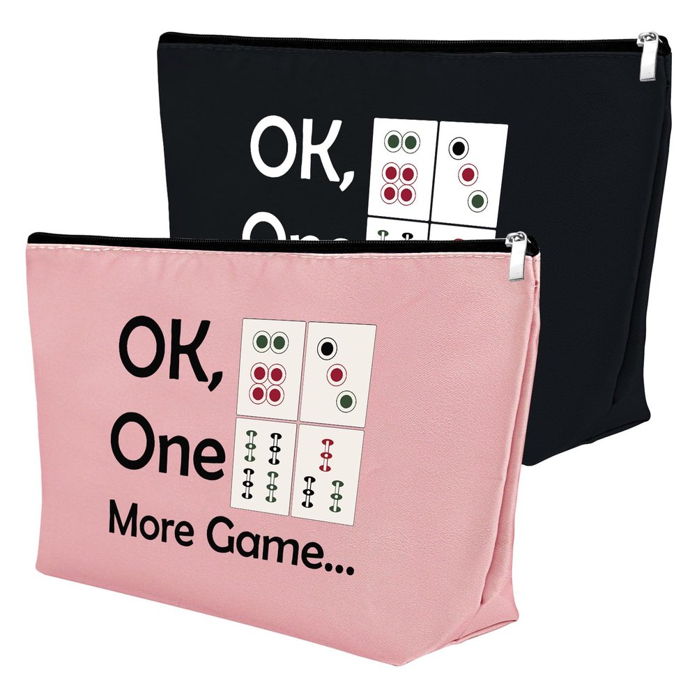 2Pcs Mahjong Lover Gift Mahjong Girls Makeup Bag Mahjong Player Gift Cosmetic Bag Retirement Gift Funny Gambling Gift for Women Grandma Mother Birthday Christmas Gift Travel Makeup Pouch (Black,Pink)