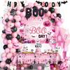 135 PCs Happy Boo Day Party Decorations, Fiesec Halloween Themed Pink and Black Birthday Party Decorations Backdrop Balloon Garland Spider Web Banner Tablecloth Cake Topper Little Ghost view 1
