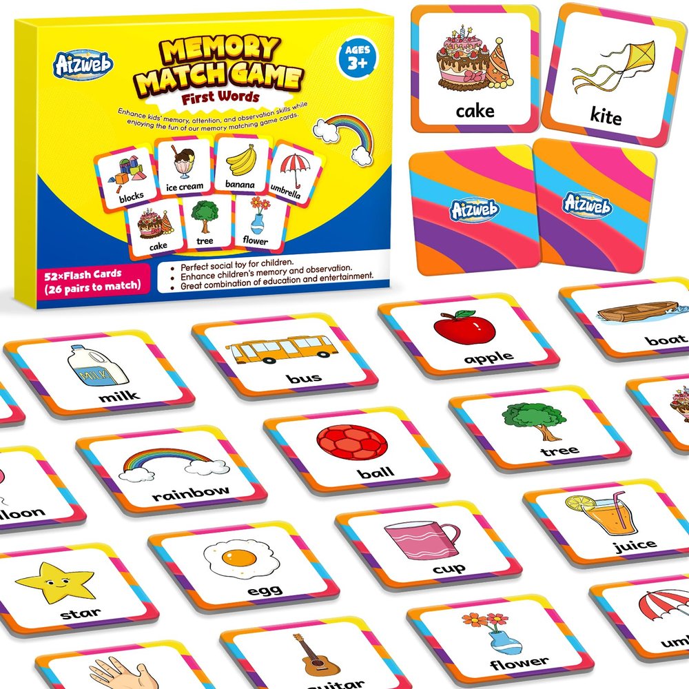 Aizweb First Words Match Game,Memory Game,52 Pcs Toddler Baby Flash Cards,Educational Toys for Pre K Preschool Kindergarten Learning Activities,Speech Therapy Materials Classroom Must Haves