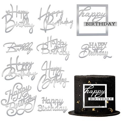 10 PCS Silver Happy Birthday Acrylic Cake Toppers Mirrored Side Cake Decorations Inserts 10 Styles