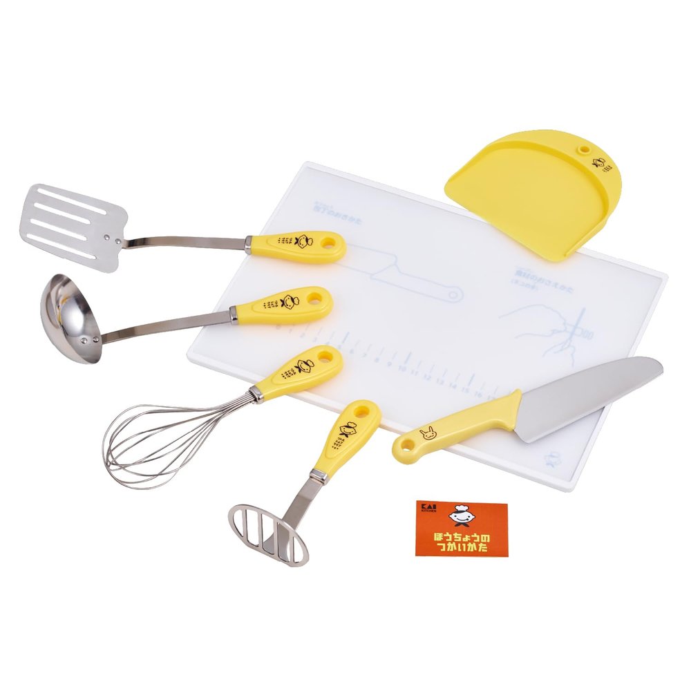 KAI KAI KITCHEN RC5064 Children's Knife, Intermediate Use, Giza Blade, Cutting Board, Ladle, Turner, Rattle, Masher, Scraper, Cookware, 7-Piece Set, Dishwasher Safe, Little Chef Club, Yellow, Made in