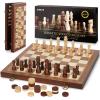 2 in 1 Magnetic Chess Set & Checkers Board Game, 15" Wooden Folding Chess Board with 2 Extra Queens, Portable Travel Chess Set with Pieces Storage Slots, Beginner Chess Board Game for Adults & Kids view 1