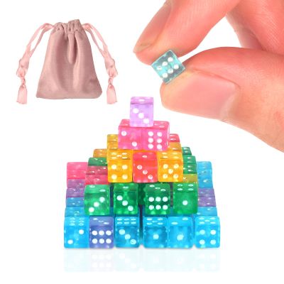 200 Pack Small Dice Set - 5mm, 6 Sided Mini Dice, Transparent & Colored, Velvet Bag for Casino Night, Parties & Learning