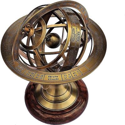 Antique Brass 11" Armillary Sphere Globe Astrolabe Zodiac Engraved Celestial Globe Wooden Base (GOLDEN & BROWN).