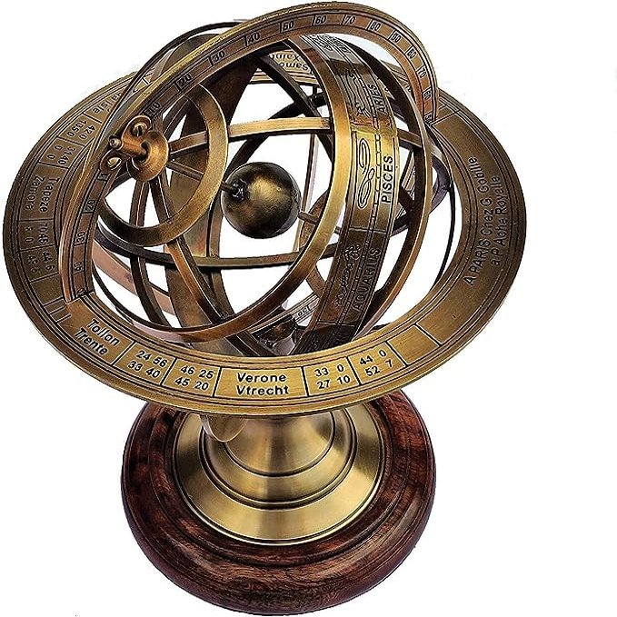 Antique Brass 11" Armillary Sphere Globe Astrolabe Zodiac Engraved Celestial Globe Wooden Base (GOLDEN & BROWN).