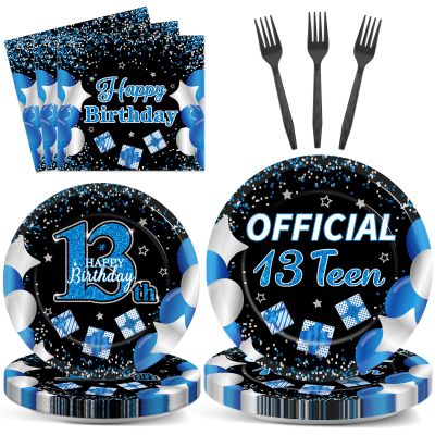 100 Pcs 13th Birthday Decorations for Boys Official Teen 13th Supplies Plates Napkins Forks Set Disposable Blue 13th Birthday Tableware Paper Plates Dinnerware for Kids Teenager Favors Serve 25