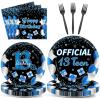 100 Pcs 13th Birthday Decorations for Boys Official Teen 13th Supplies Plates Napkins Forks Set Disposable Blue 13th Birthday Tableware Paper Plates Dinnerware for Kids Teenager Favors Serve 25 view 1