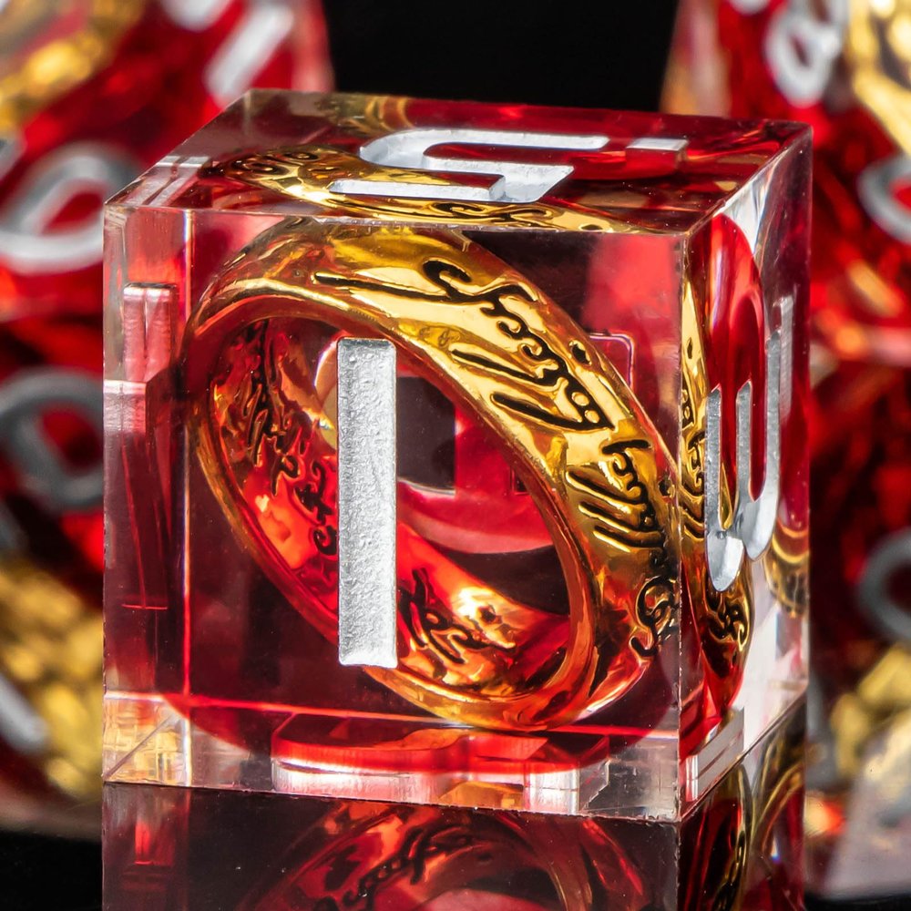 OUKELANWO Magic Lord Rings DND Dice Set with Box, 7Pcs Resin LOTR D&D Dice Set for Role Playing Game, Red Dungeons Dragons D and D Sharp Edge Dice D20 D12 D10 D8 D6 D4