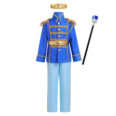 Boy Prince Charming Kids King Knight Medieval Royal Prince Outfit Gold Crown Boys Colonial Party Birthday Christmas Light Blue + Scepter 8-10 Years