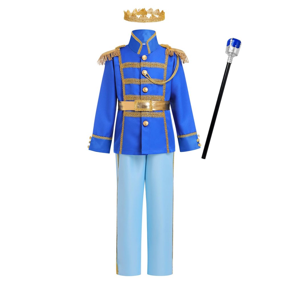 Boy Prince Charming Kids King Knight Medieval Royal Prince Outfit Gold Crown Boys Colonial Party Birthday Christmas Light Blue + Scepter 8-10 Years