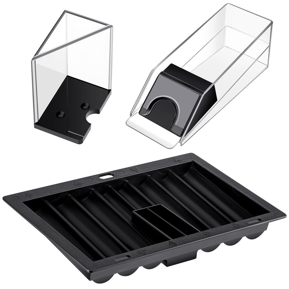 Honoson Poker Chip Tray with 6 Deck Blackjack Shoe and Discard Tray Black Poker Chip Dealer Holder Card Shoe Black Plastic Jack Dispenser Table Set for Casino Game Party Accessories