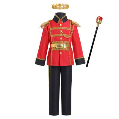 Boy Prince Charming Kids King Knight Medieval Royal Prince Outfit Gold Crown Boys Colonial Party Birthday Christmas Red + Black Scepter 10-12Y