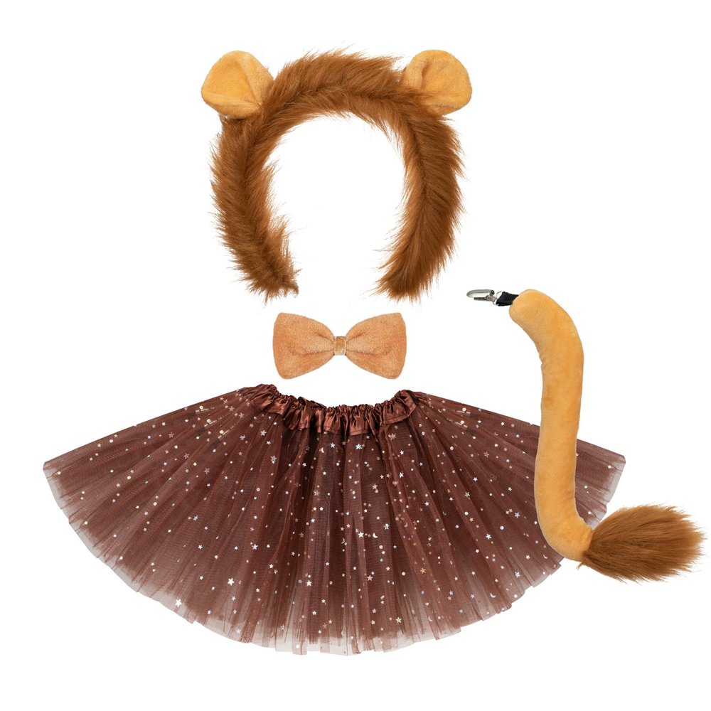 4 Pcs Lion Costume Set Animal Ears Headband Tail Bowtie Tutu Skirt for Girls Kids Halloween Cosplay Party Dress Up