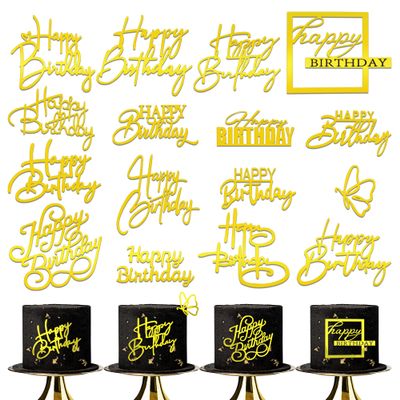 15Piece Gold Happy Birthday Cake Toppers Acrylic Mirror Inserts for Cakes Cupcakes Desserts 15 Styles