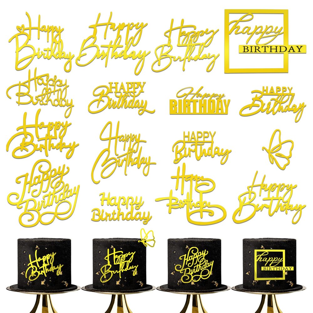 15Piece Gold Happy Birthday Cake Toppers Acrylic Mirror Inserts for Cakes Cupcakes Desserts 15 Styles