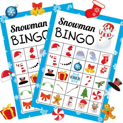 Joy Bang Christmas Bingo for Kids & Adults - Snowman Bingo Game for 36 Players with Winter Stickers - Xmas Activity & Holiday Party Supplies