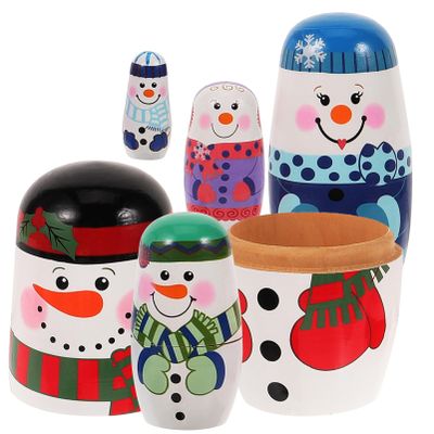 FOMIYES 5 Pcs Christmas Wooden Russia Dolls, Christmas Russian Nesting Dolls, 5 Layers Snowman Matryoshka Toys, Snowman Handmade Winter Decoration for Children