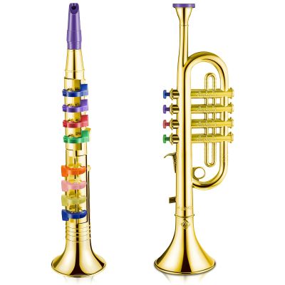 Amylove Set of 2 Toy Trumpet and Clarinet for Kids Toddlers Plastic Instruments Fake Music Toy Portable Early Educational Toys Teaching Songs Musical Gifts(Gold)