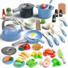 Bruvoalon 67Pcs Kids Play Kitchen Toys Set, Toddlers Pretend Cooking Playset Acccessories with Pots Pans, Utensils Cookware, Foods, Canned Veges, Learning Gift for Kids Girls Boys (Blue) view 1