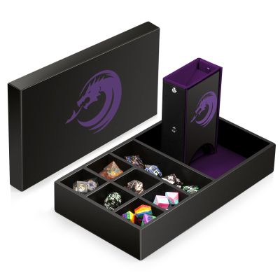 3 in 1 Dice Rolling Tray Dice Tower and Dice Storage, DNDND Portable Rectangle Storage with Lid for Table Game Dungeons and Dragons D&D or Tabletop RGP Gaming (Purple Velvet and Black PU Leather)