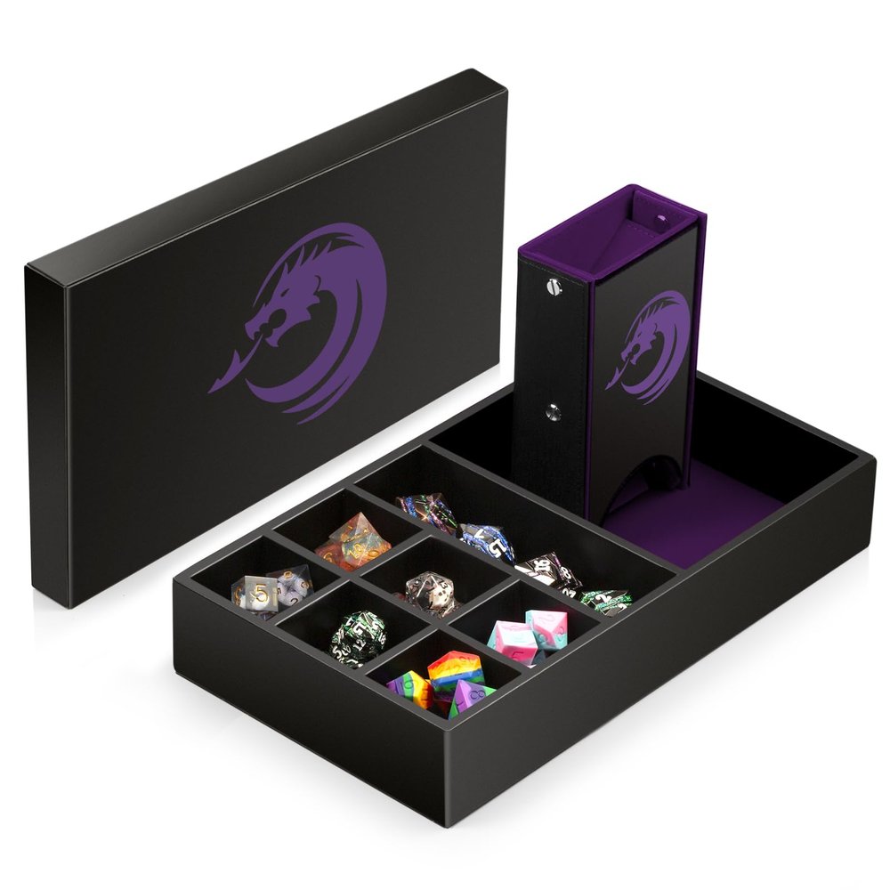 3 in 1 Dice Rolling Tray Dice Tower and Dice Storage, DNDND Portable Rectangle Storage with Lid for Table Game Dungeons and Dragons D&D or Tabletop RGP Gaming (Purple Velvet and Black PU Leather)