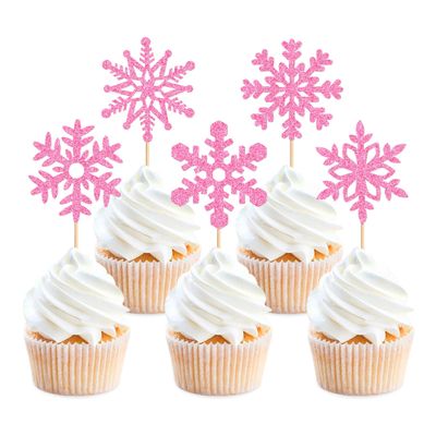 24Pcs Glitter Pink Snowflake Cupcake Topper Winter Frozen Snowflake Decors