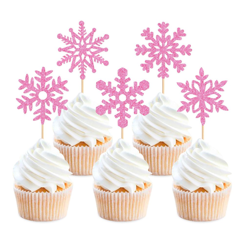 24Pcs Glitter Pink Snowflake Cupcake Topper Winter Frozen Snowflake Decors
